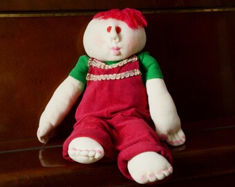 Soft Sculpture Big Stuffed Doll. Home Decor A Boy with Red Hair&Overall Handmade Hand Painted White Jersey Cotton Doll Made in Israel Poupée