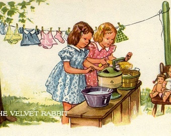 Fabric blocks(4) Little girls doing the washing. Just darling.