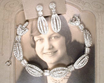 Art Deco Vintage Rhinestone Bracelet Earring Bridal Set,Pave Baguette Crystal Silver Link Bracelet,Old Hollywood Glam,Wedding Statement Ledo