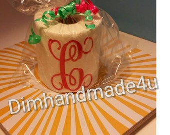 personalized monogram toilet paper gag gift, custom embroidered toilet paper rolls, coworker gift, funny gifts for her