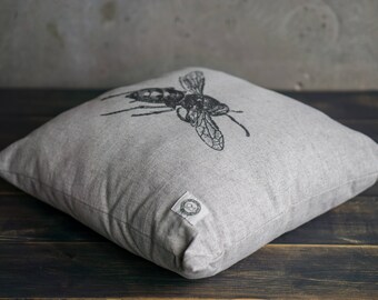 handmade cushion Home Decor Fabric pillow decorative beige pillow sofa Decor pillow bee birthday gift Eco Friendly pillow Hemp cushion Decor