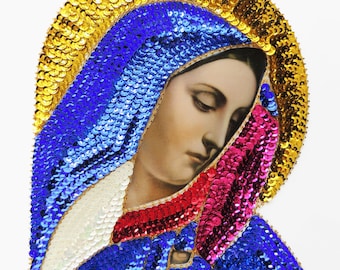 large colorful VIRGIN Mary, sequin applique patch