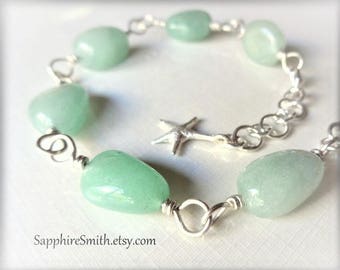30% off SEA FOAM Green Aventurine Gemstone Nugget Sterling Silver Link Bracelet, beach style