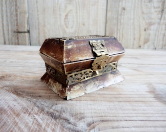 Charming Old Bone Trinket Box, Handmade Bone and Brass Trinket Box, Small Ring Box, Old Jewelry Box