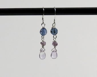 Lavender Amethyst gemstone and blue glass earrings. #EAR-208