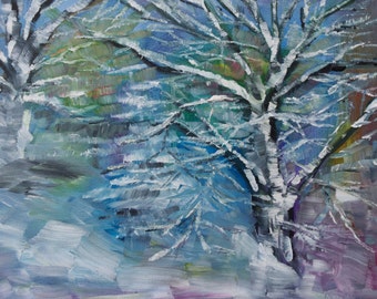 Blue white winter painting snow scene original watercolor