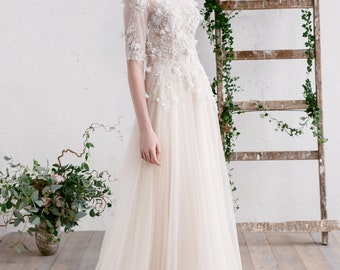 3D Floral Lace Wedding Dress , Bridal Gown , Tulle Wedding Dress , Long Sleeve Wedding Dress, Gown with Train , Champagne Nude Gold - CAMILA