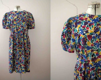 80s Floral Day Dress Medium Large