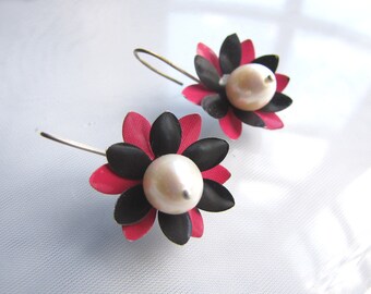 Pink and Black Earrings with Pearls from Recycled Soda Cans