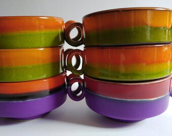 6 retro vintage 70s soup bowls colorfull