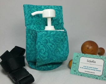 Massage therapy 4oz cream jar hip holster, teal baroque, black belt