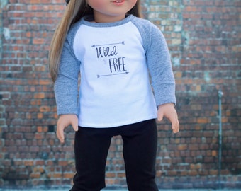 Doll Clothes | Trendy Gray Heather White Wild & Free Graphic Long Sleeve Fitted BASEBALL TEE for 18 Inch Dolls