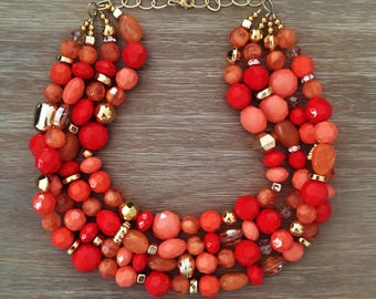 Orange Bead Necklace - Chunky Beaded Statement Necklace Multistrand in Orange