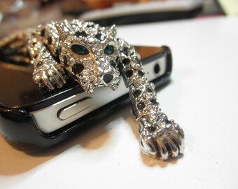 Stalking Leopard Articulated Shoulder Brooch - Silver Tone, Black Enamel and Rhinestones, w Green glass Eyes 6.5 inches long