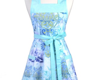 Womens Vintage Apron - Aqua Blue Floral Apron - Cute Retro 50s Style Kitchen Apron with Pocket - Over the Head Apron