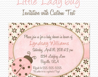 Pink Ladybug Baby Shower Invitation, Birthday Party Invite, Shabby Pink and Brown -- Printable File