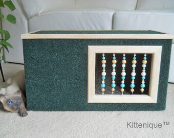 Green Beaded Cat House - Wooden Cat Furniture - Unique Beaded Doorway and Window with Sterling Silver - Deluxe Carpeted Cat Condo, Cat Cave.
