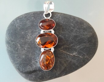 Citrine Quartz and Baltic Amber Pendant in 925 Sterling Silver.