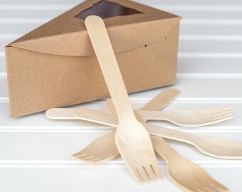 25 Individual Kraft Pie Boxes with 25 Wooden Forks / 6 3/8" x 4 1/4" x 2 1/2"