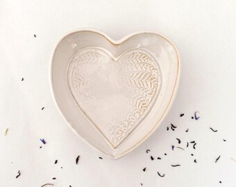 White heart dish, foliage decor, stoneware