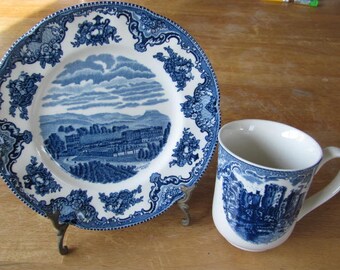 Johnson Bros Old Britain Castles Blue Transferware Chatsworth salad dessert plate and Ragland Castle coffee tea mug cup, England
