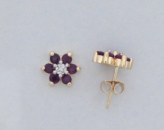 Natural Ruby with Natural Diamond Flower Stud Earrings Solid 14kt Yellow Gold