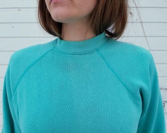 Vintage Raglan Sweatshirt | Soft Thin 50/50 Blend Pullover Sweatshirt | Teal Blue, Turquoise | Distressed Shirt | Small