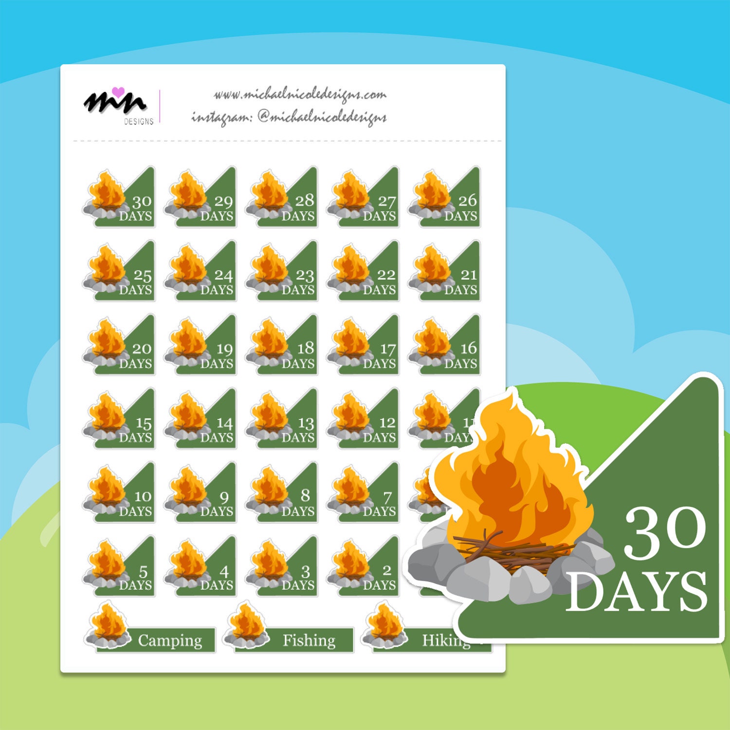 Camping Countdown Stickers Campfire Stickers 30 Day