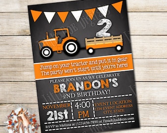 Personalized Tractor Birthday Party Invitation - Digital File or Printed Copies - Printable - Invitation - Invite 5x7 or 4x6 - Orange White