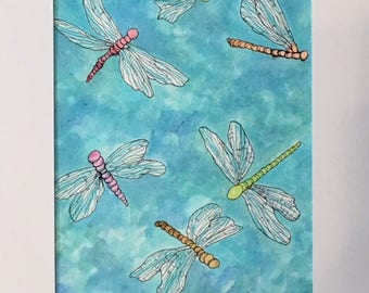 Colorful Dragonflies Original Watercolor Abstract Painting Matted 14 X 11 Children Decor