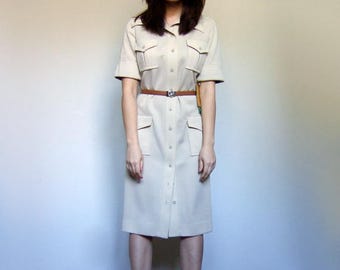 Cream Beige Knit Dress Vintage Short Sleeve Dress Pockets Late 60s Early 70s Safari Dress Collared Dress - Medium to Large M L