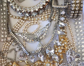 Clear Rhinestone Broken Jewelry Lot Vintage Mod Harvest Repair Craft Repurpose Salvage DIY Weddding Bridal Bouquet Decor Costume Jewelry