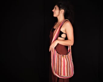 Hmong Fabric Shoulder Zip Bag Hand Woven Bag Ethnic Hill Tribe Fabric Bucket Bag Cross Body Festival Bag Hip Bag Boho Cotton