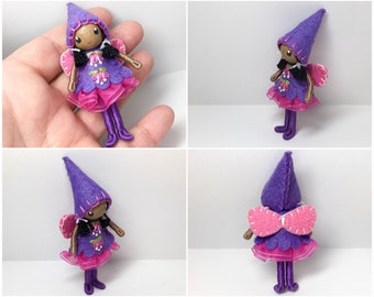 Fairy Bendy Doll, Waldorf Felt Bendable DollHouse Doll- Small Felt Doll, Flower Fairy, Black Doll, African American, Brown Skintone