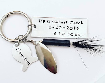 Fathers Day Fishing Lure - Personalized Hand Stamped Key Chain - My Greatest Catch - Mens Gift - Baby Weight - Fish Fishing Dad