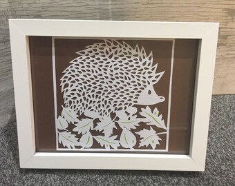 Hedgehog woodland creatures, british wildlife, hedgehog picture, handcrafted woodland scene, papercut art, nature, any occasion, small gift