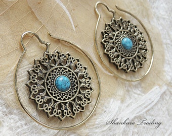 Brass Tribal Earrings, Tribal Ear Weights, Brass Turquoise Earrings, Tribal Ear Expanders, Brass Mandala Earrings