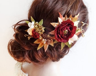luxe fall hair accessories, fall hair clip, gold burgundy hair flower, floral hair piece, bridal headpiece, autumn wedding hair accessory