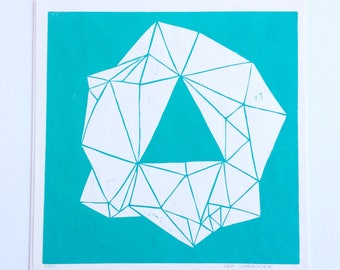 linocut - GEM // 12x12 art print // printmaking // block print // turquoise // emerald // geometric art // contemporary // original art