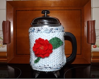 ROSE Coffee POT / Cafetiere Cosy. Hand Knitted. Either Red or Pink Flower. Fits 8 Cup Pot. Great Mothers Day or Valentines Gift.