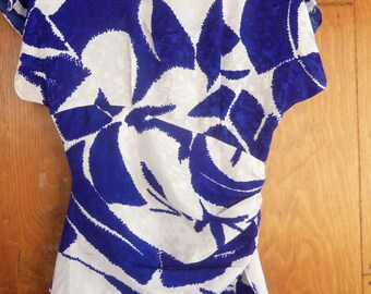 70s YOUNG EDWARDIAN by ARPEJA--The 70s Does the 40s--Cobalt and White Dress--Silky--Peplum--Size 4