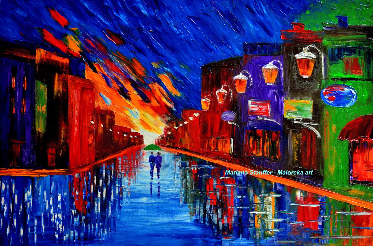 pluie de peintures de paysage urbain couple nuit  pluvieuse rue