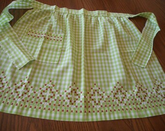 Vintage, Handmade Green Gingham Apron with Chicken Scratch Embroidery