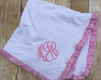 Monogrammed Baby Blanket, Ruffle Pink Seersucker Receiving Blanket, Minky Ruffle Blanket, Baby Shower Gift, New Baby Gift, Keepsake