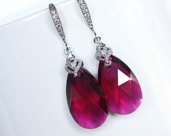 Handmade Swarovski Ruby Pear Crystal Dangle Earrings, Bridal, Wedding (Sparkle-2270)