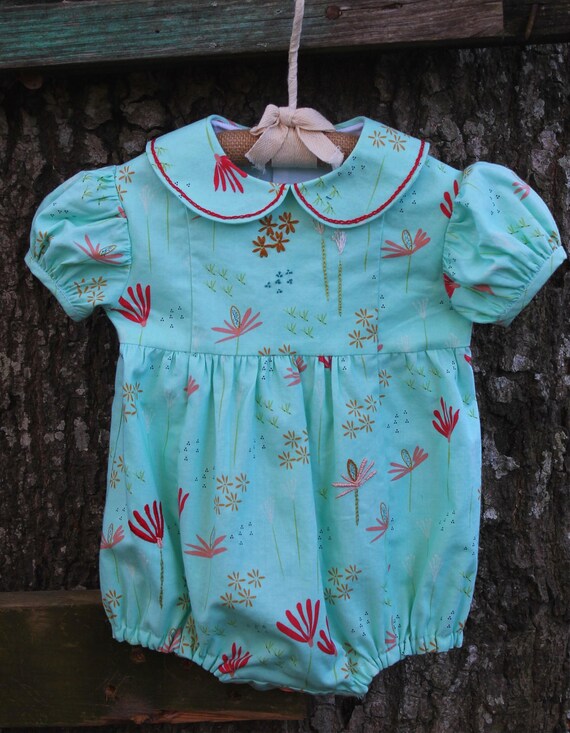 Aqua Floral Print Bubble RomperHand Embroidered Baby Girl