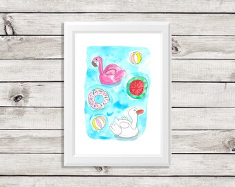 pool float art print - pool float art - pool float painting - flamingo pool float - swan pool float - pool floats - fun pool floats