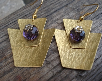 Hammered Bronze Geometrical Cold Connected Purple Czech Glass Beads Earrings Unique Modern Handcrafted Earrings
