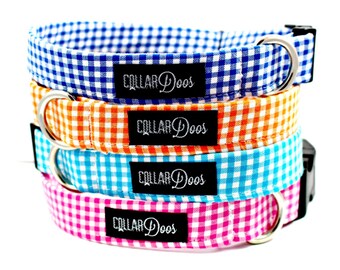 Blue, Pink, Black, Red, Orange Gingham Plaid Dog Collar XS Small Medium Large-"Gingham Style"