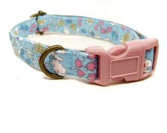 Bunny Hop - Light Blue Floral Flowers Bunny Bunnies Spring Easter Organic Cotton CAT Collar - All Antique Brass Hardware